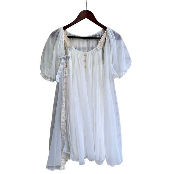 Vintage 1960s Sheer White Peignoir Robe Nightgown Set Lace Trim Nylon Small USA - Picture 1 of 13